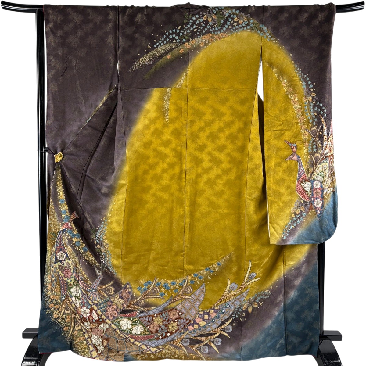 振袖 身丈167.5cm 裄丈68cm L 袷 孔雀 草花 絞り 金通し 茶紫 正絹 名品 【中古】