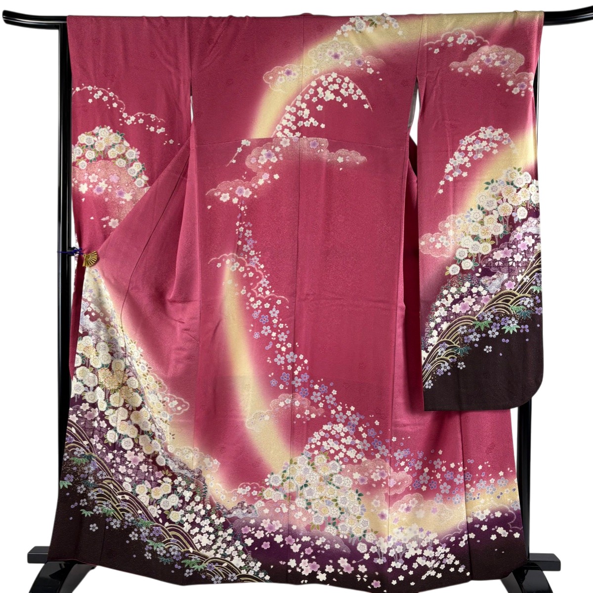 振袖 身丈163cm 裄丈66.5cm M 袷 鈴乃屋 桜 波 金通し 金彩 ピンク 正絹 名品 【中古】