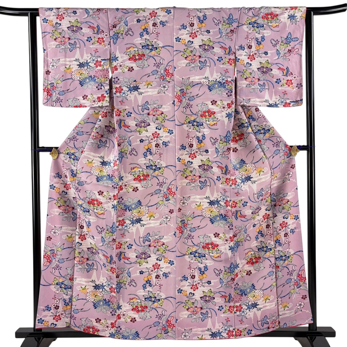 小紋 身丈160cm 裄丈63cm S 袷 草花 流水 薄紫 正絹 秀品 【中古】