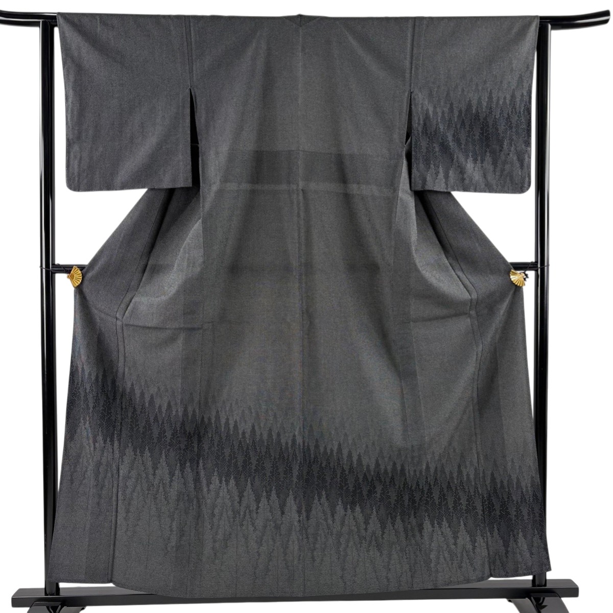 付下げ 身丈158.5cm 裄丈63cm S 単衣 樹木 亀甲絣 黒灰 正絹 秀品 【中古】