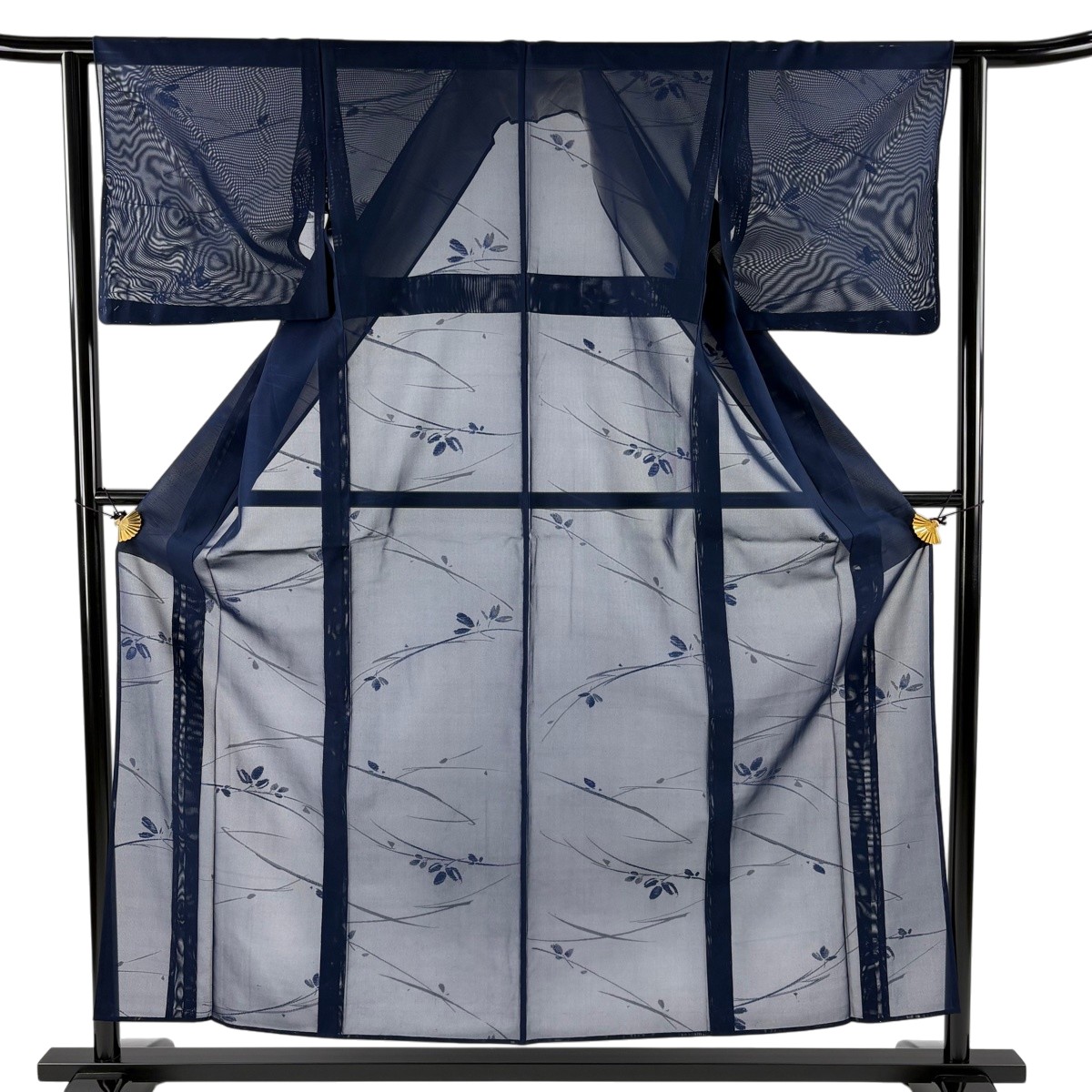 小紋 身丈155.5cm 裄丈62cm S 薄物 枝花 紺色 正絹 秀品 【中古】