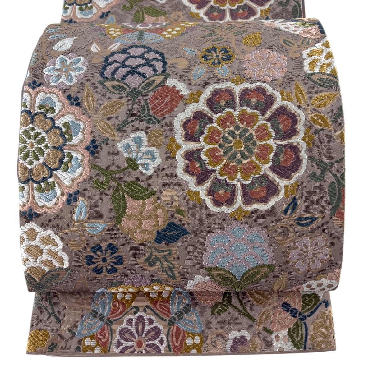 袋帯 名品 華文 花唐草 唐織 箔 小豆色 六通 正絹 【中古】