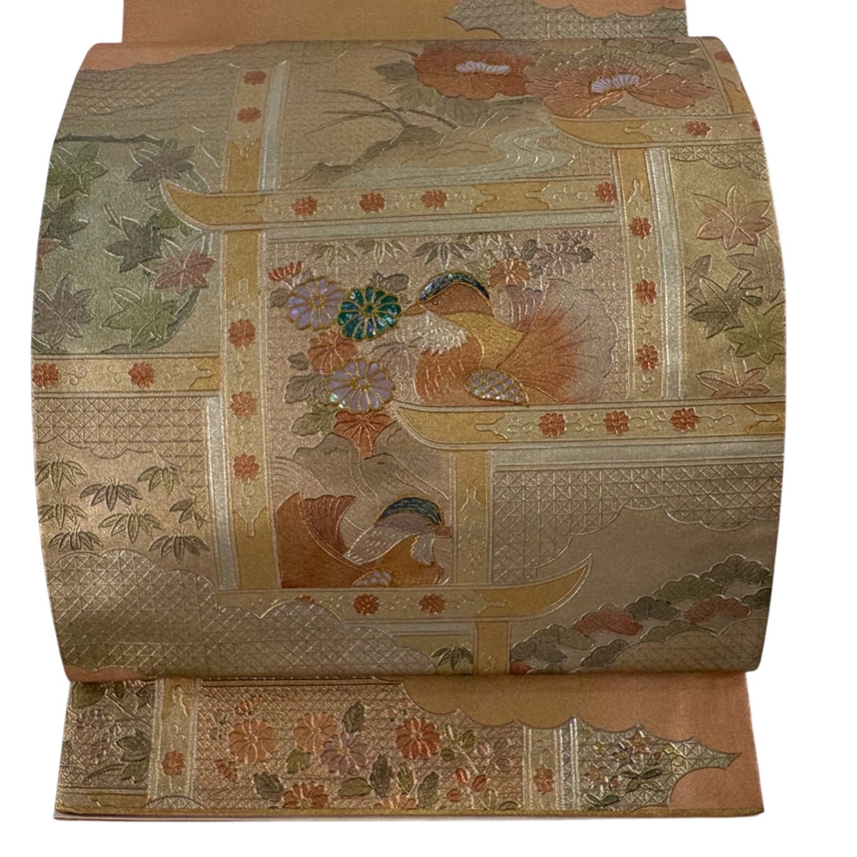 袋帯 名品 鴛鴦 草花 螺鈿 金銀彩 薄オレンジ お太鼓柄 正絹 【中古】