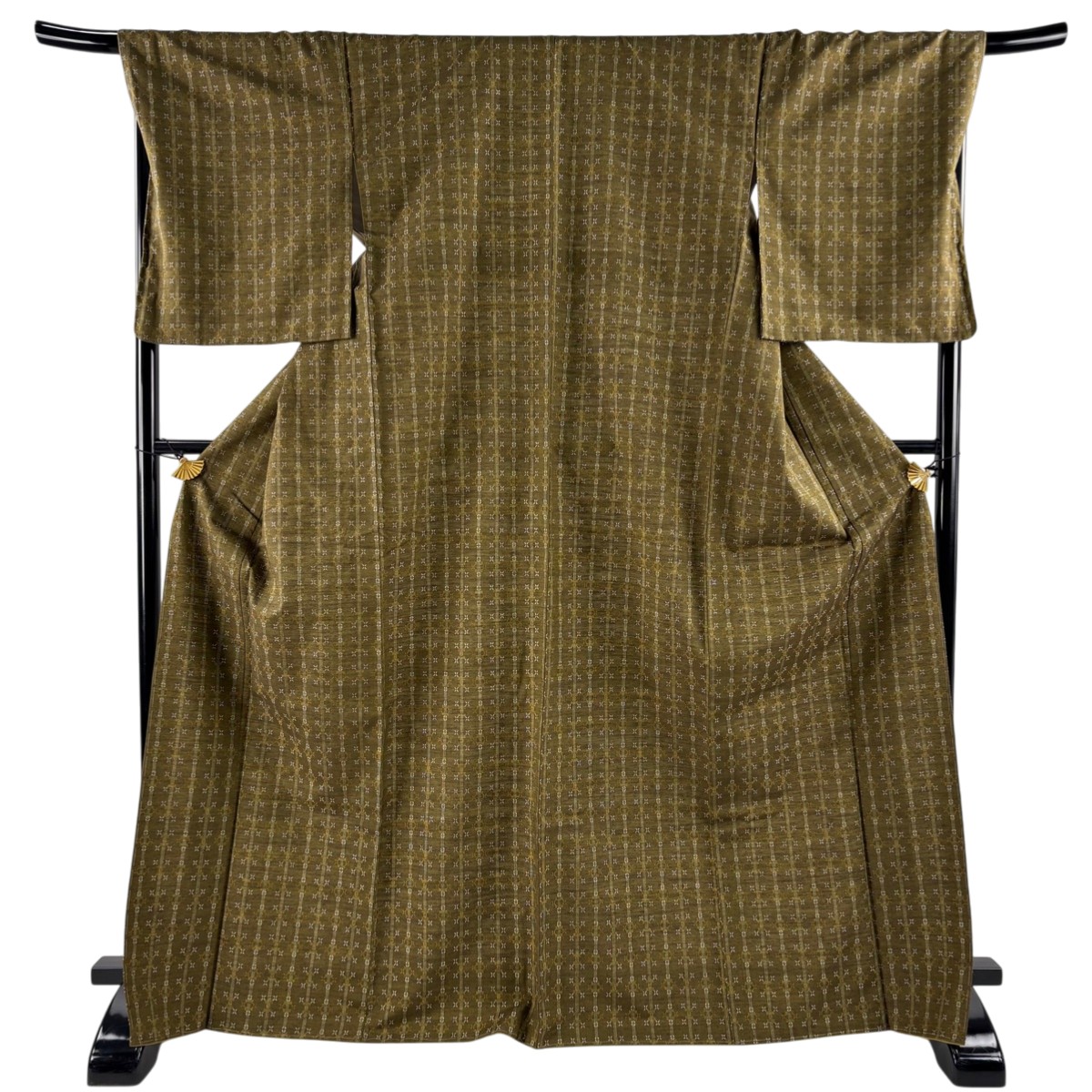 【美品】 紬 身丈170cm 裄丈71cm L 袷 やまと 縦縞 幾何学模様 花織 茶緑色 正絹 逸品 【中古】 msp29