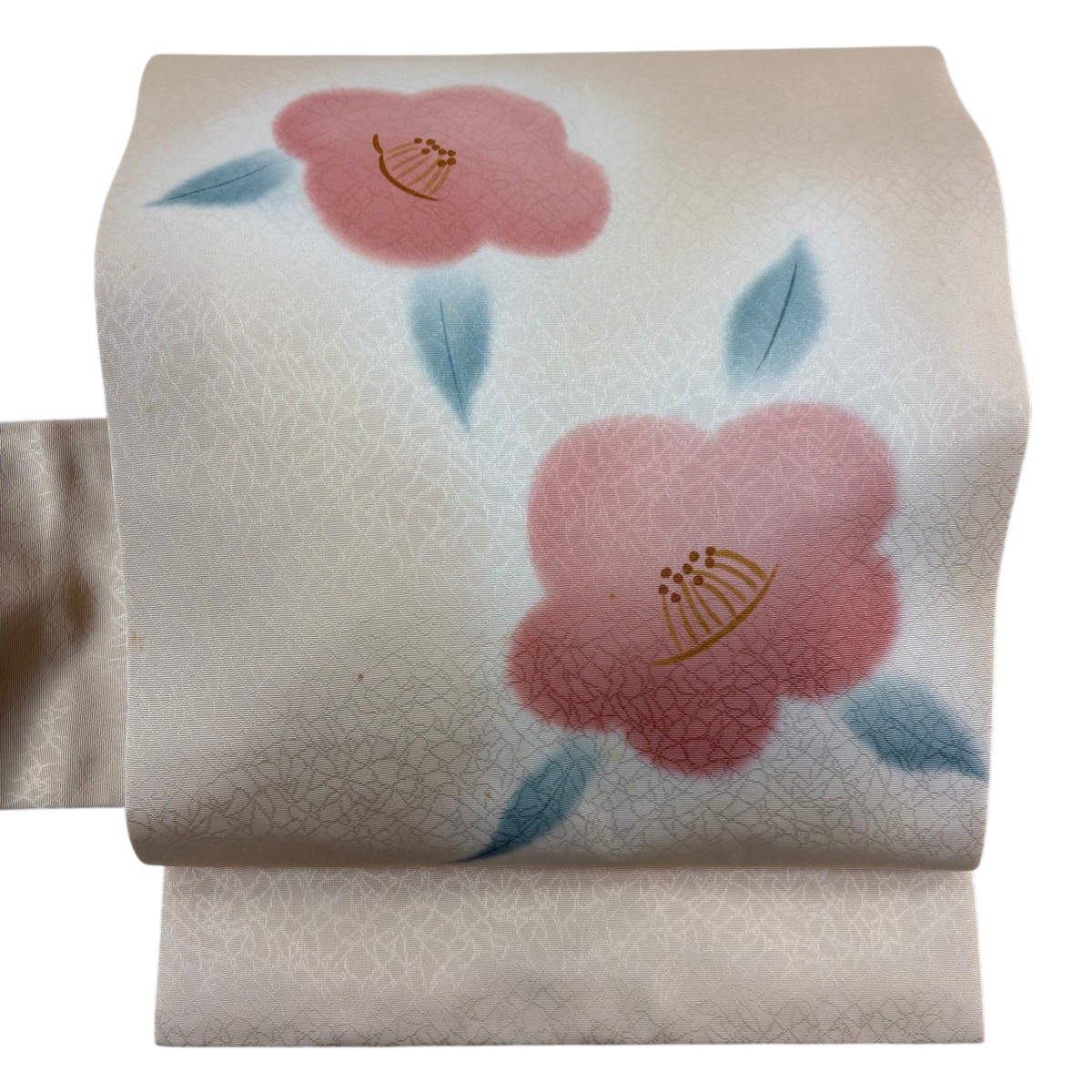 名古屋帯 秀品 落款あり 椿 金彩 ベージュ 正絹 【中古】