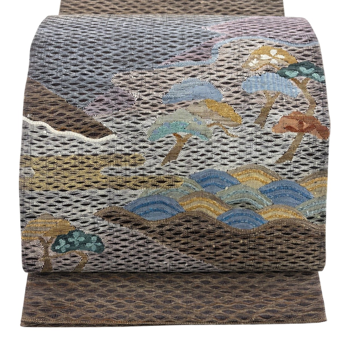 【美品】 袋帯 秀品 松 波 金糸 茶色 お太鼓柄 正絹 【中古】