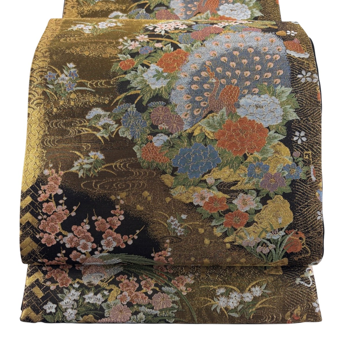 【美品】 袋帯 秀品 孔雀 草花 金糸 箔 金色 六通 正絹 【中古】
