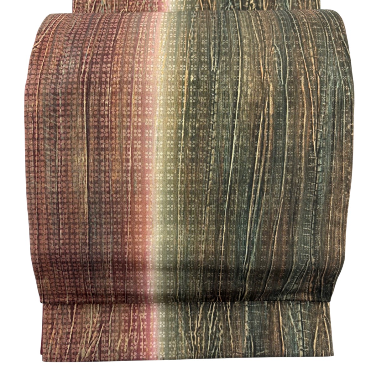 【美品】 袋帯 秀品 紬地 小花 幾何学模様 金彩 ぼかし 茶緑色 全通 正絹 【中古】