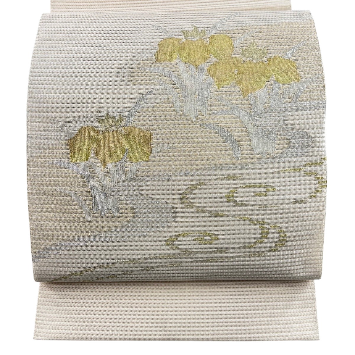 名古屋帯 秀品 夏帯 絽 八寸名古屋帯 松葉仕立て トンネル仕立て 草花 流水 金銀糸 ベージュ 正絹 【中古】