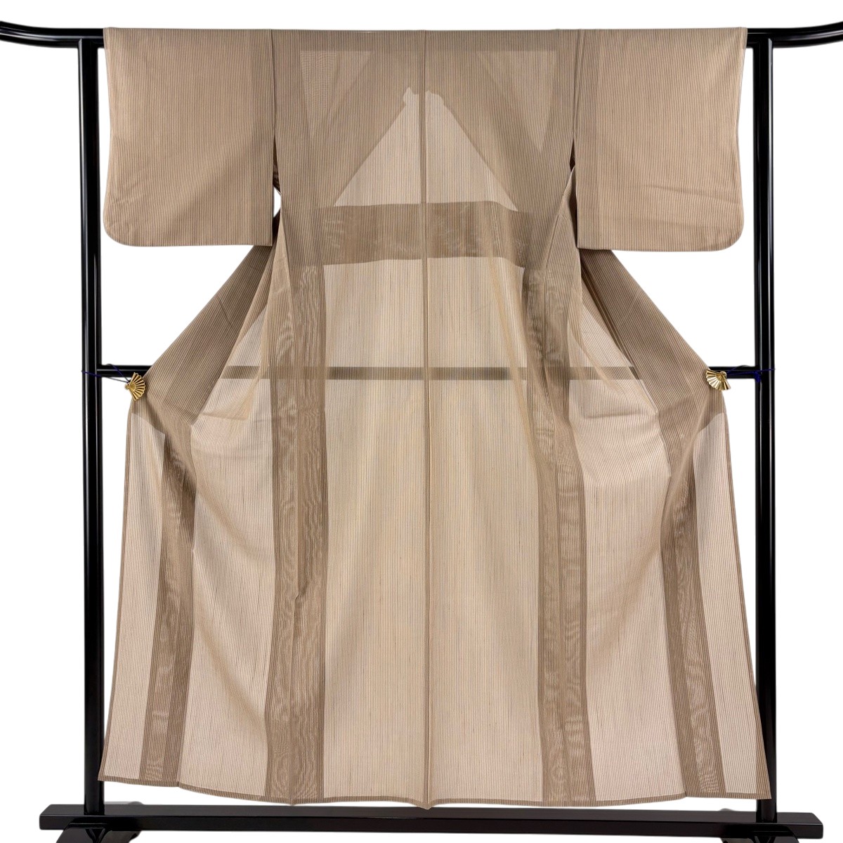 紬 身丈155.5cm 裄丈62cm S 薄物 夏紬 縦縞 薄茶色 正絹 秀品 【中古】
