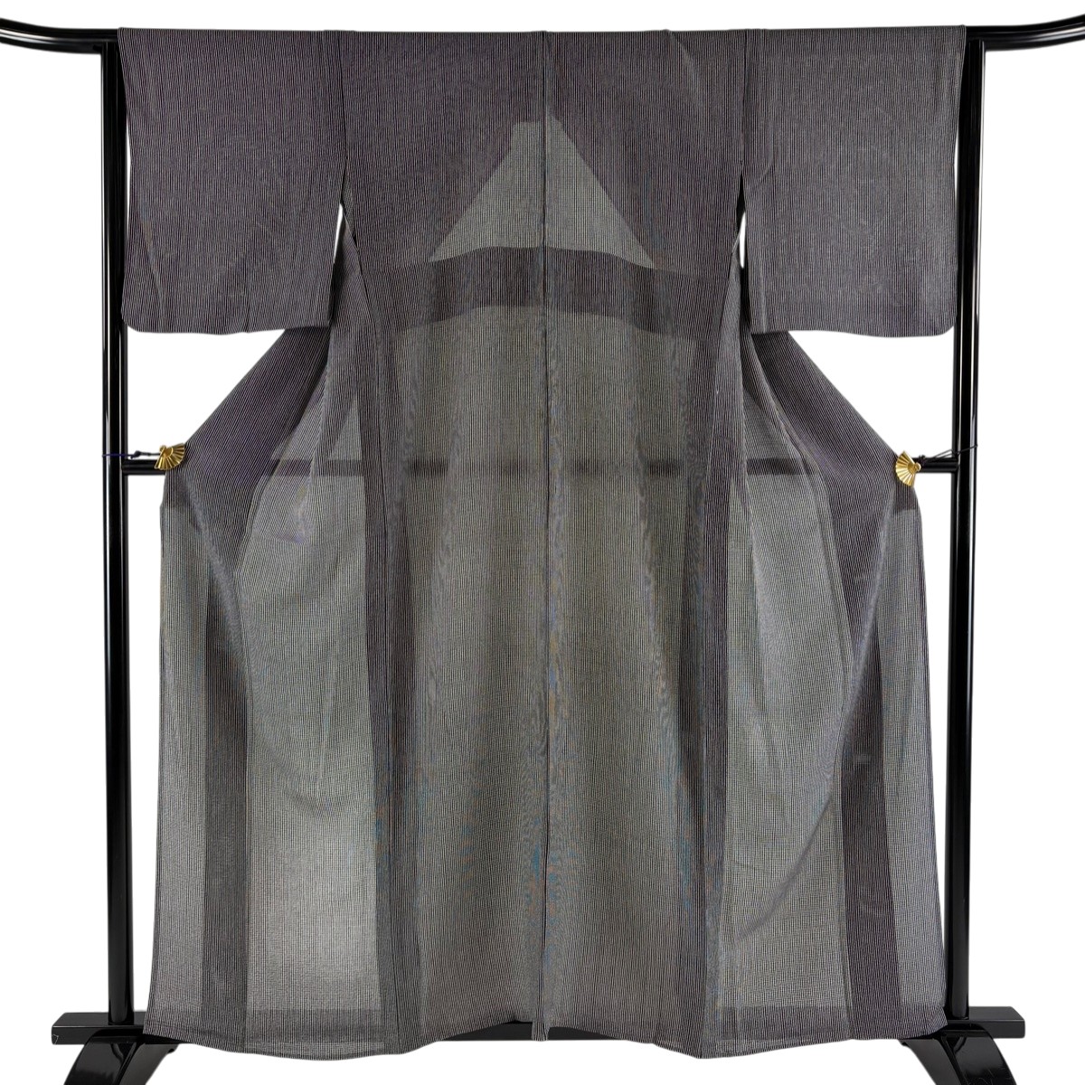 【美品】 小紋 身丈160cm 裄丈64.5cm M 薄物 絽 縦縞 黒 正絹 秀品 【中古】