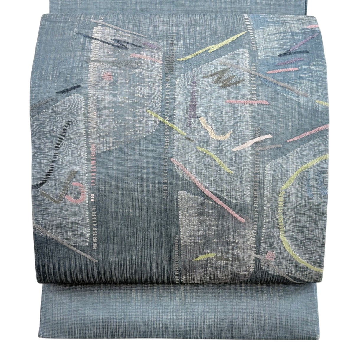 袋帯 秀品 幾何学模様 青灰色 お太鼓柄 正絹 【中古】