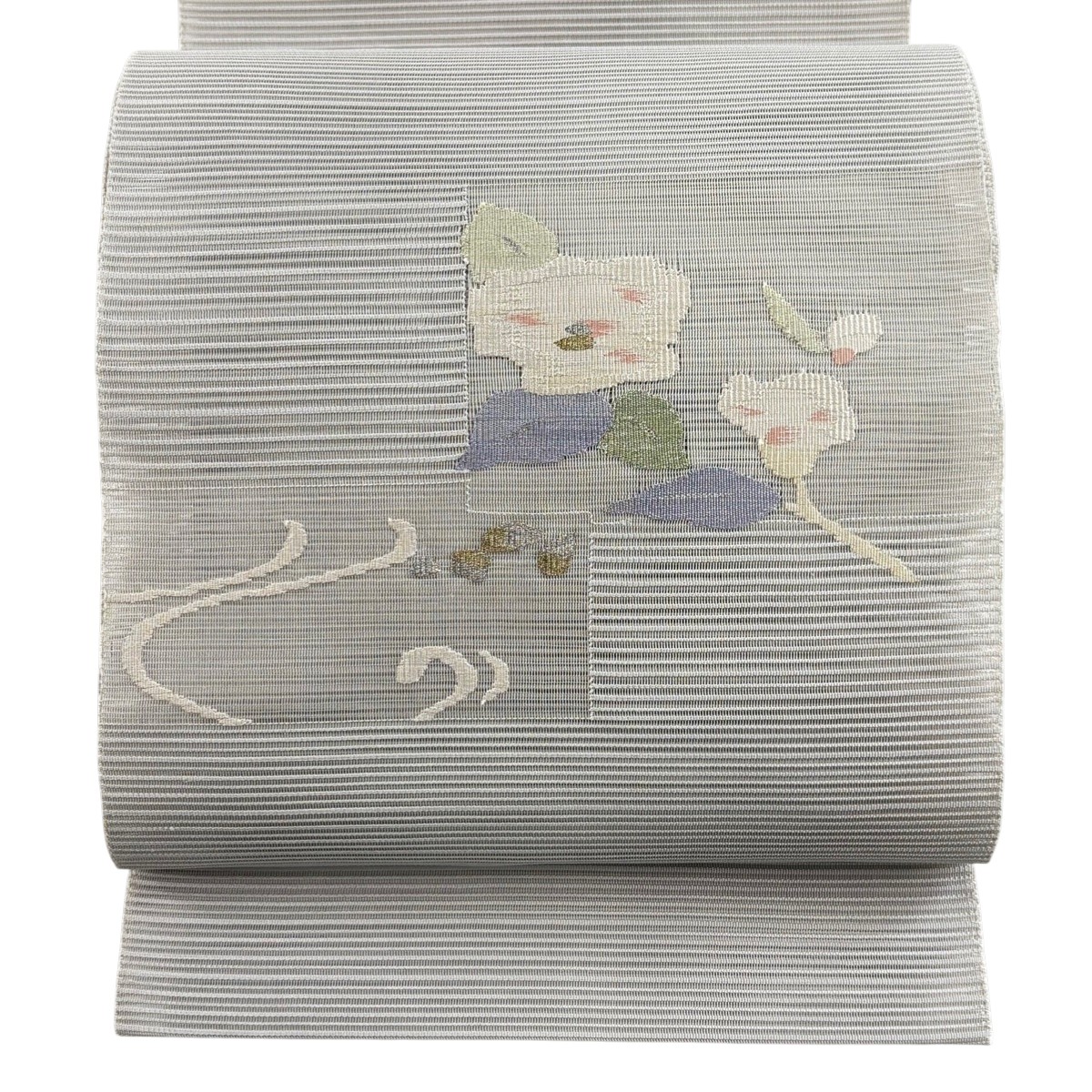 名古屋帯 秀品 夏帯 八寸名古屋帯 絽 松葉仕立て 枝花 流水 灰色 正絹 【中古】