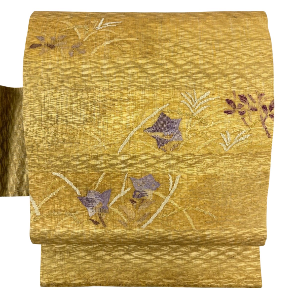 【美品】 名古屋帯 秀品 夏帯 関西仕立て 桔梗 ススキ 金糸 櫛織 山吹色 正絹 【中古】
