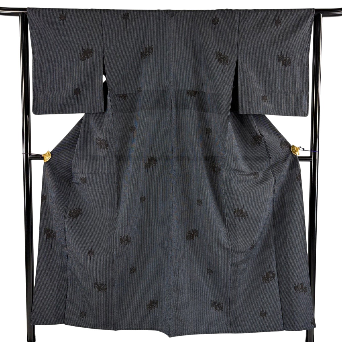 【美品】 紬 身丈152cm 裄丈63cm S 単衣 糸巻き 縦縞 濃紺 正絹 秀品 【中古】