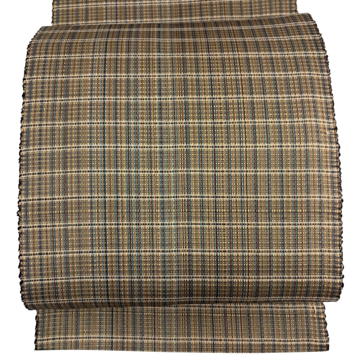 名古屋帯 名品 松葉仕立て 八寸名古屋帯 夏帯 格子 茶緑色 正絹 【中古】