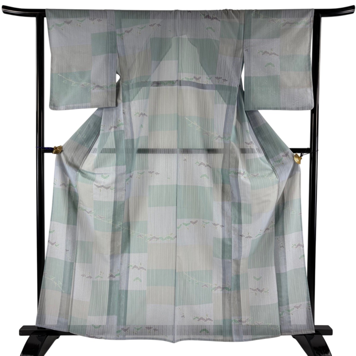 小紋 身丈161.5cm 裄丈63.5cm S 薄物 縦絽 枝花 変わり市松 薄緑 正絹 名品 【中古】 msp30
