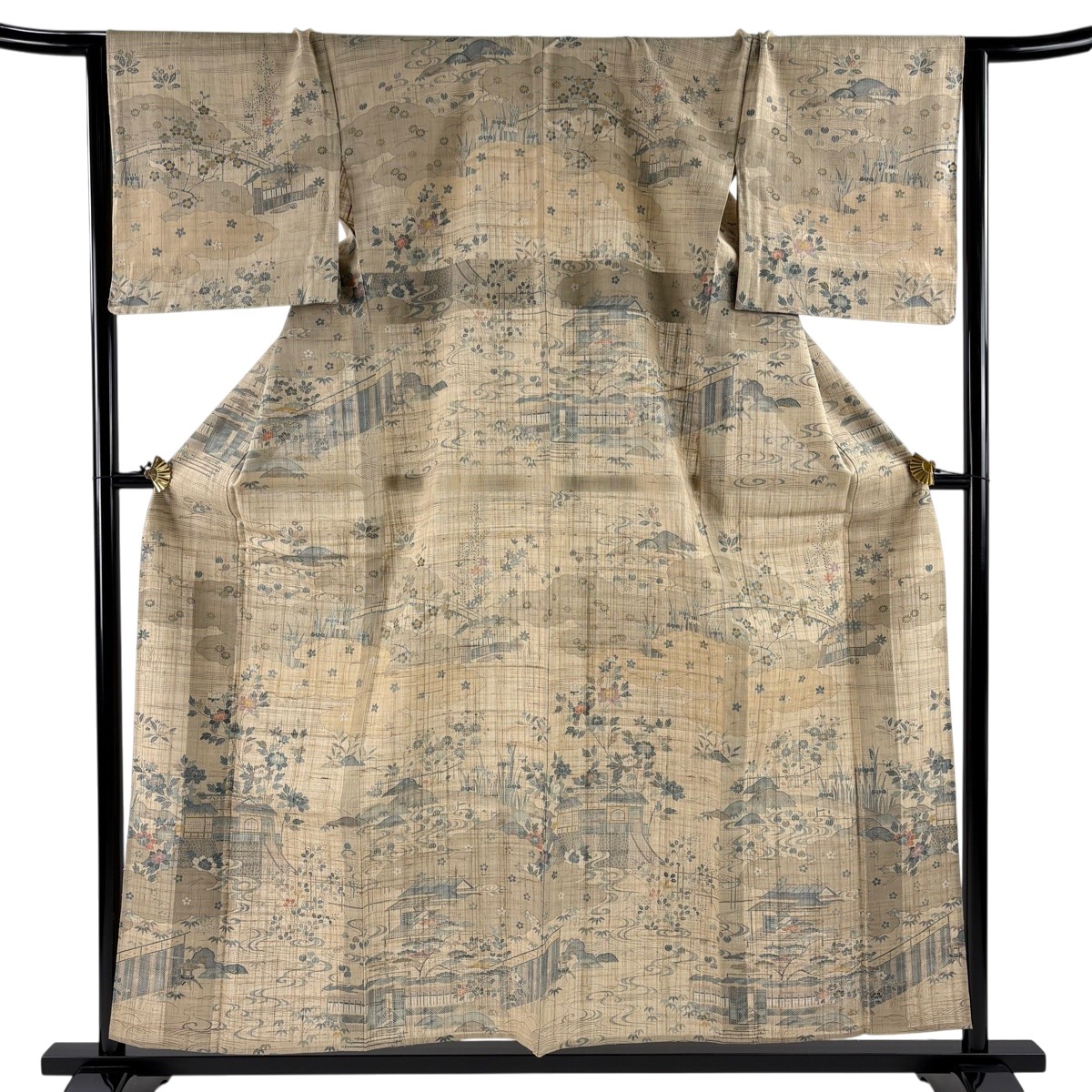 訪問着 身丈157.5cm 裄丈66cm M 単衣 紬地 建物 草花 薄茶色 正絹 名品 【中古】 msp30