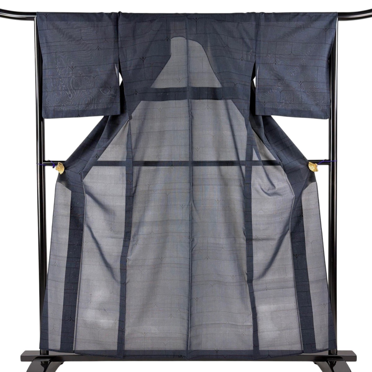 【美品】 紬 身丈160cm 裄丈66cm M 薄物 夏大島 幾何学 紺色 正絹 逸品 【中古】