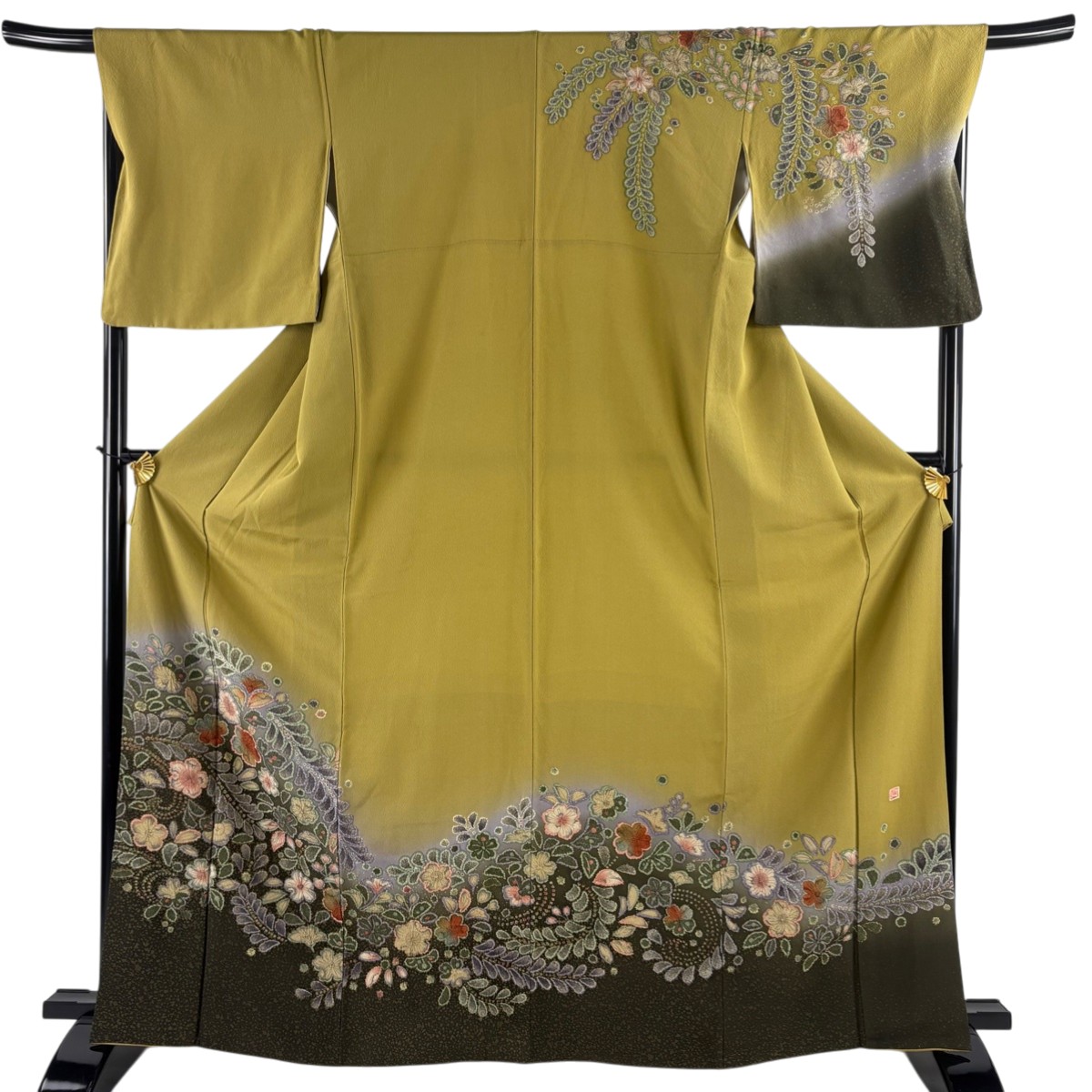 訪問着 身丈166cm 裄丈69cm L 袷 落款あり 辻が花 ぼかし 抹茶色 正絹 名品 【中古】