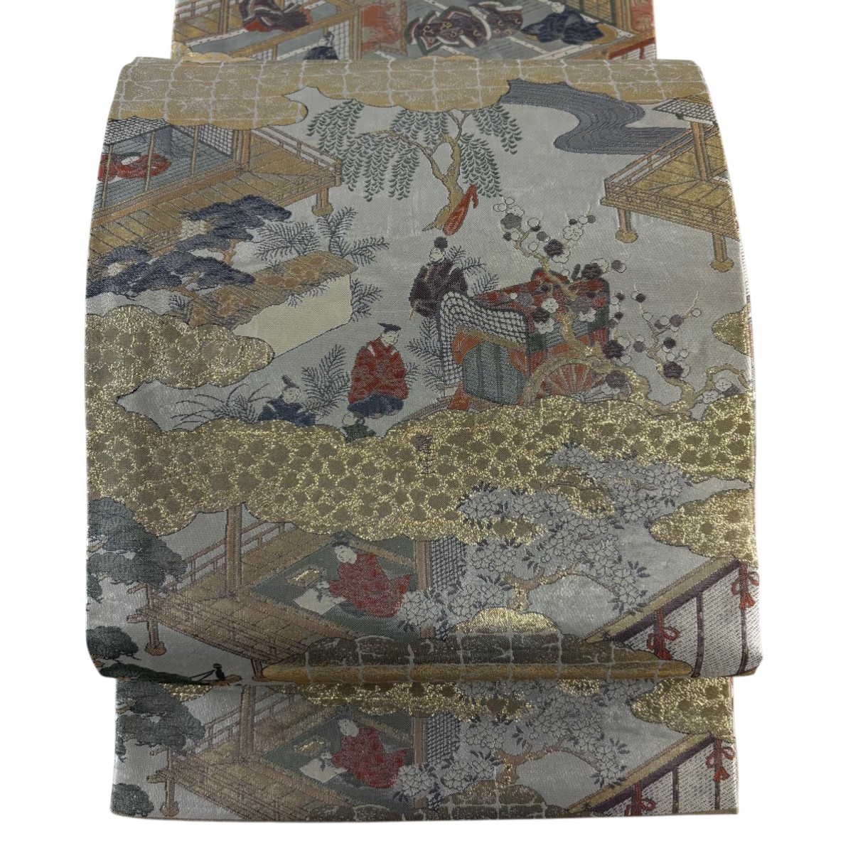 【美品】 丸帯 名品 人物 雲文 箔 金糸 銀色 全通 正絹 【中古】 msp30