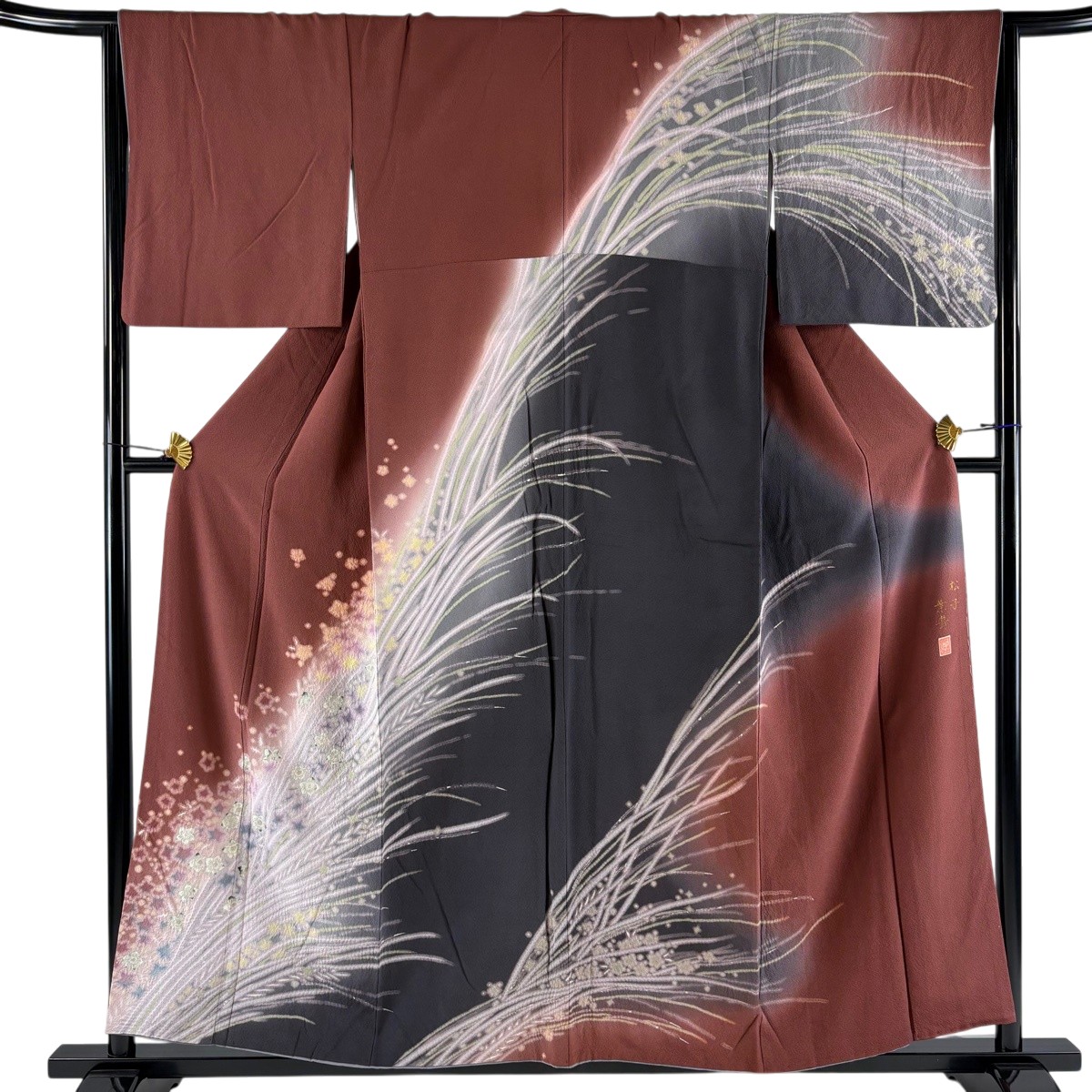 訪問着 身丈156cm 裄丈64cm M 袷 滝泰 落款あり 草花 ぼかし 赤茶 正絹 逸品 【中古】