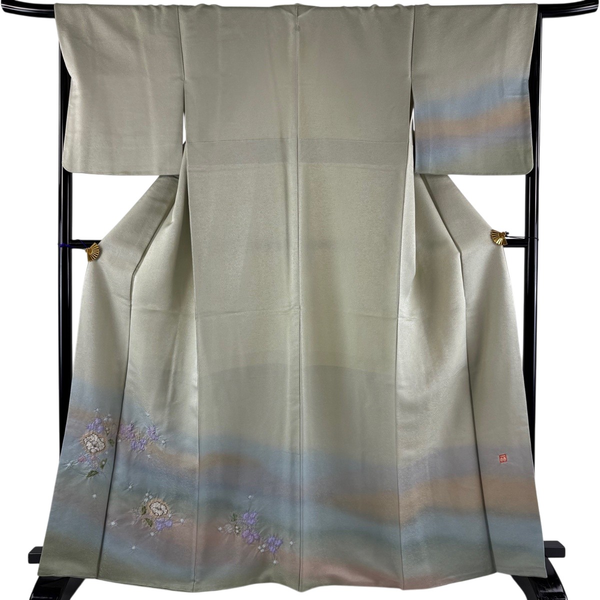 【美品】 付下げ 身丈166cm 裄丈66.5cm M 袷 久保田一竹工房 落款あり 辻ヶ花 金通し ぼかし 緑 正絹 逸品 一つ紋 【中古】