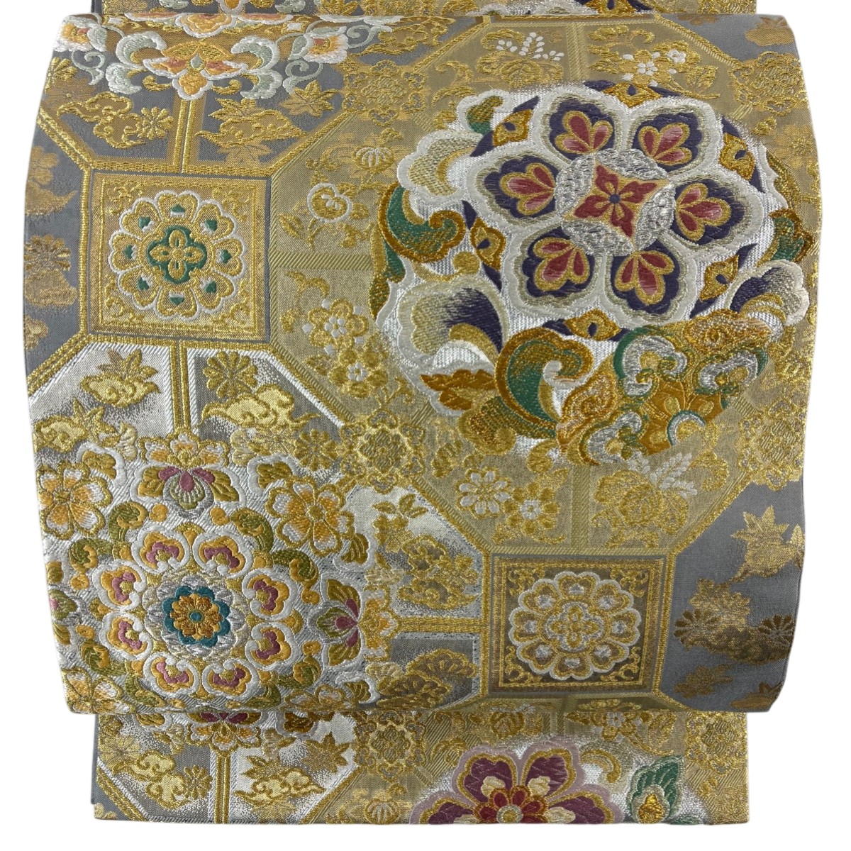 【美品】 袋帯 秀品 蜀江華文 金銀糸 箔 灰色 六通 正絹 【中古】