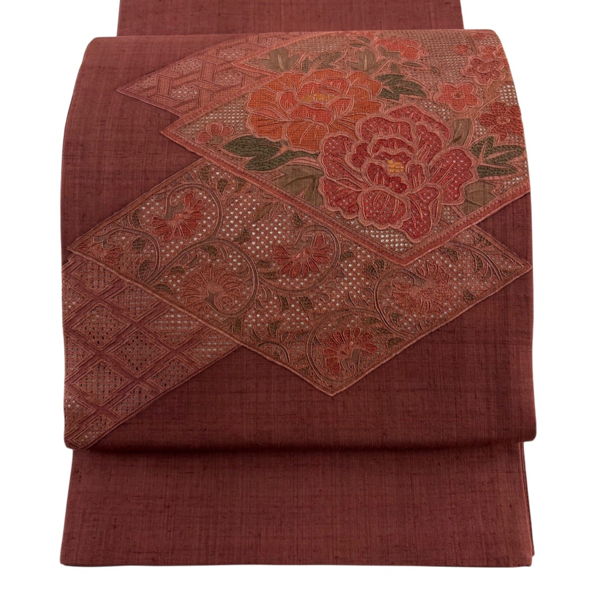 【美品】 袋帯 秀品 紬地 草花 花唐草 刺繍 えんじ色 お太鼓柄 正絹 【中古】
