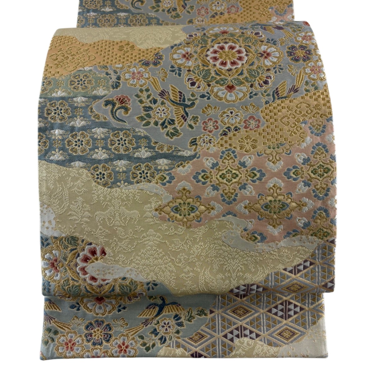 【美品】 袋帯 秀品 宝飾双鳥華文 金糸 刺繍 ベージュ 六通 正絹 【中古】