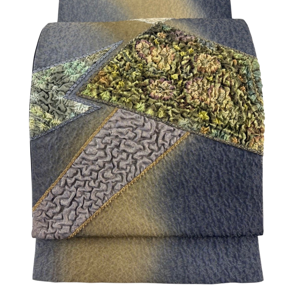 【美品】 袋帯 秀品 草花 幾何学模様 金通し 金銀糸 青灰色 お太鼓柄 正絹 【中古】 6,512円