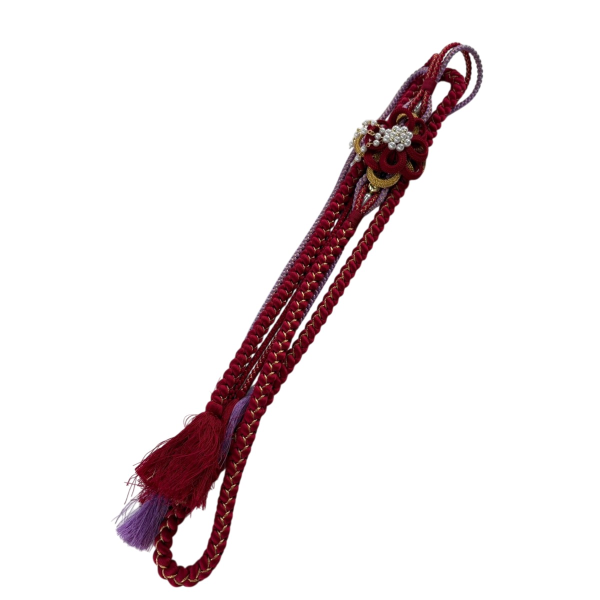 帯締め 優品 振袖用 フォーマル 花 金糸 ビーズ 赤 正絹 和装小物 【中古】