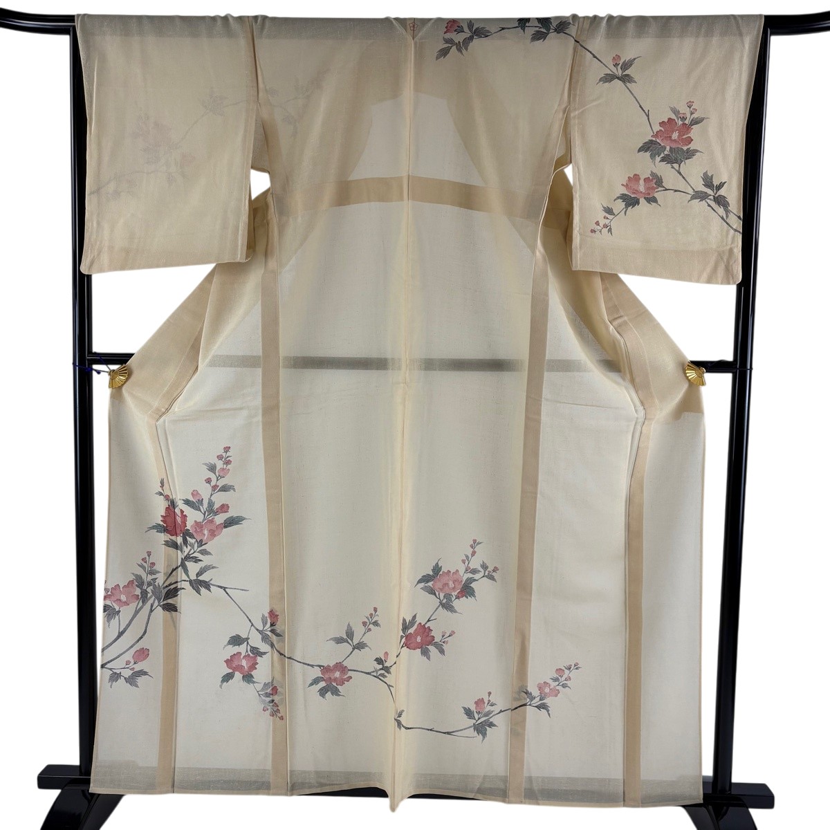 訪問着 身丈161cm 裄丈67cm M 薄物 夏紬地 夏結城 枝花 薄オレンジ 正絹 秀品 一つ紋 【中古】