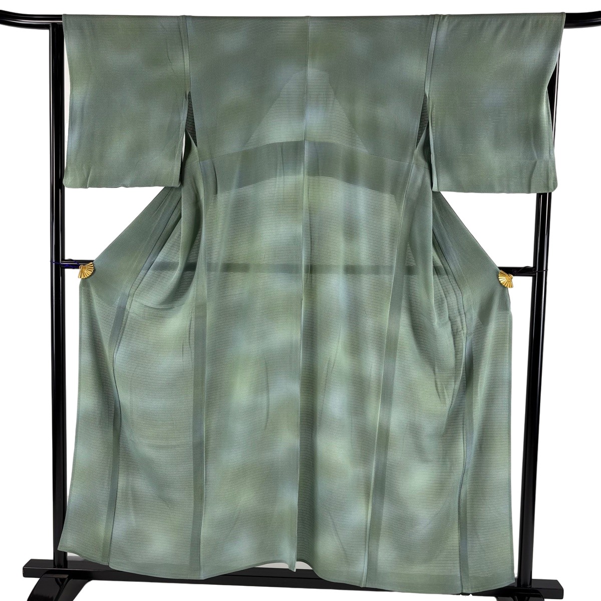 【美品】 小紋 身丈154.5cm 裄丈66.5cm M 薄物 絽 ぼかし柄 灰緑 正絹 秀品 【中古】