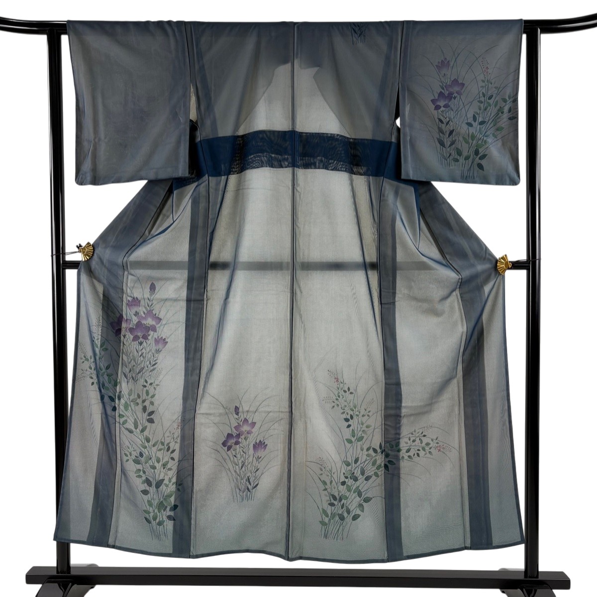 【美品】 付下げ 身丈154cm 裄丈62cm S 紗絽袷 草花 桔梗 ぼかし 紺色 正絹 名品 【中古】