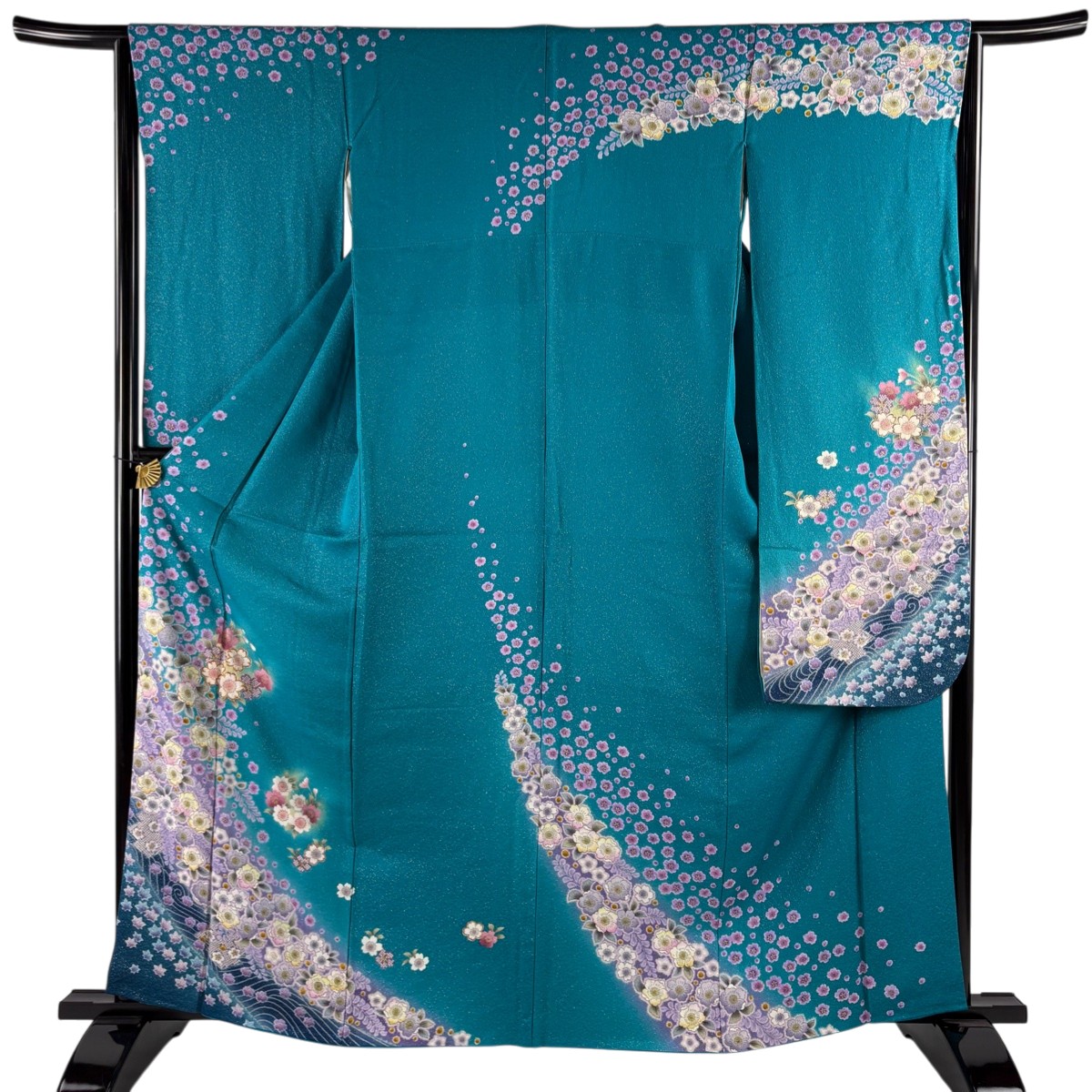 【美品】 振袖 身丈161.5cm 裄丈65cm M 袷 草花 花丸文 金通し 金糸 青緑 正絹 名品 【中古】