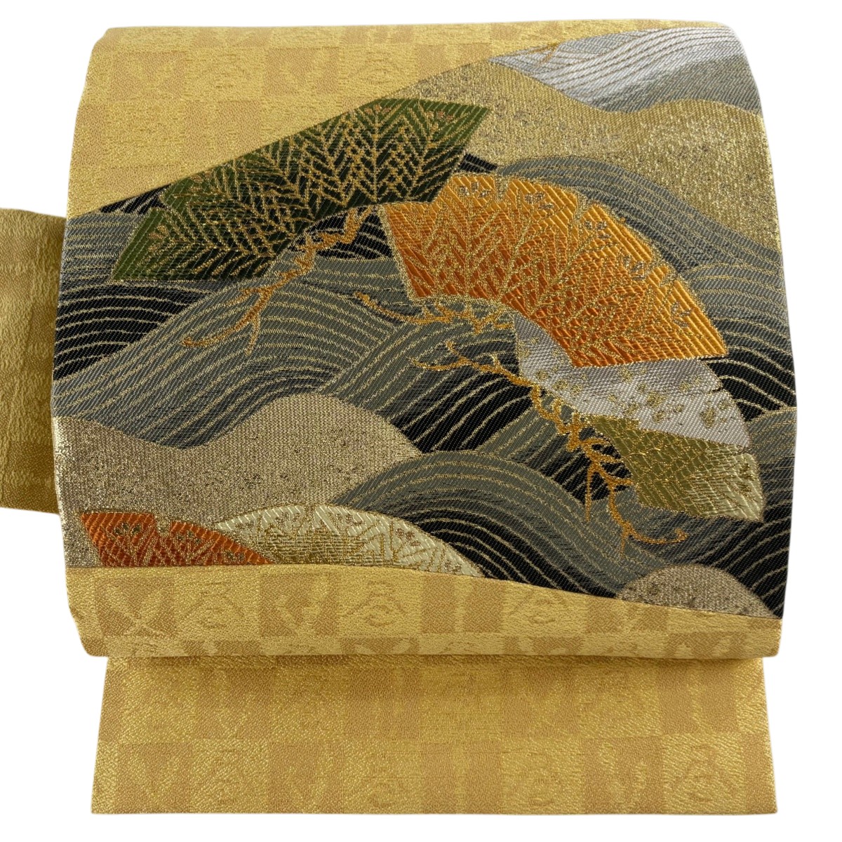 【美品】 名古屋帯 逸品 松 波 金糸 切り嵌め 金色 正絹 【中古】