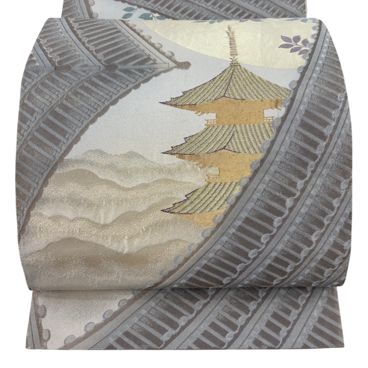 袋帯 逸品 じゅらく 落款あり 塔 月 金糸 箔 灰茶 六通 正絹 【中古】