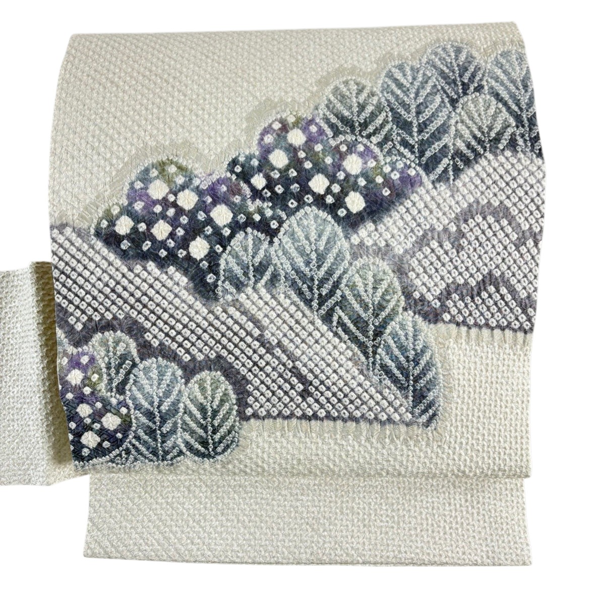 名古屋帯 逸品 樹木 絞り 灰白 正絹 【中古】