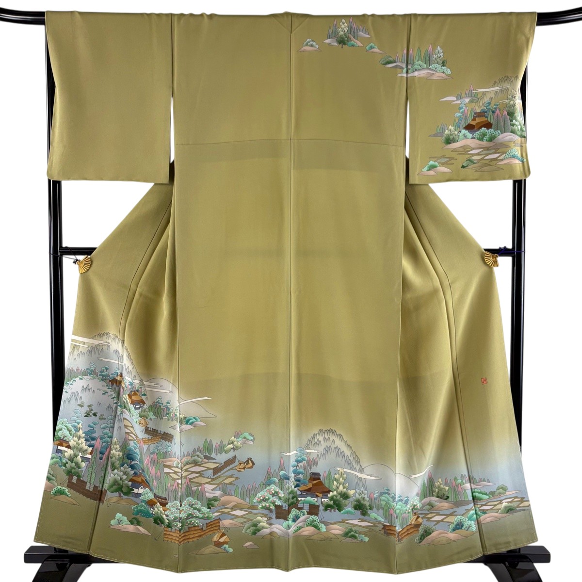 【美品】 訪問着 身丈160cm 裄丈68.5cm L 袷 落款あり 風景 染めわけ ぼかし よもぎ色 正絹 秀品 【中古】 8,850円