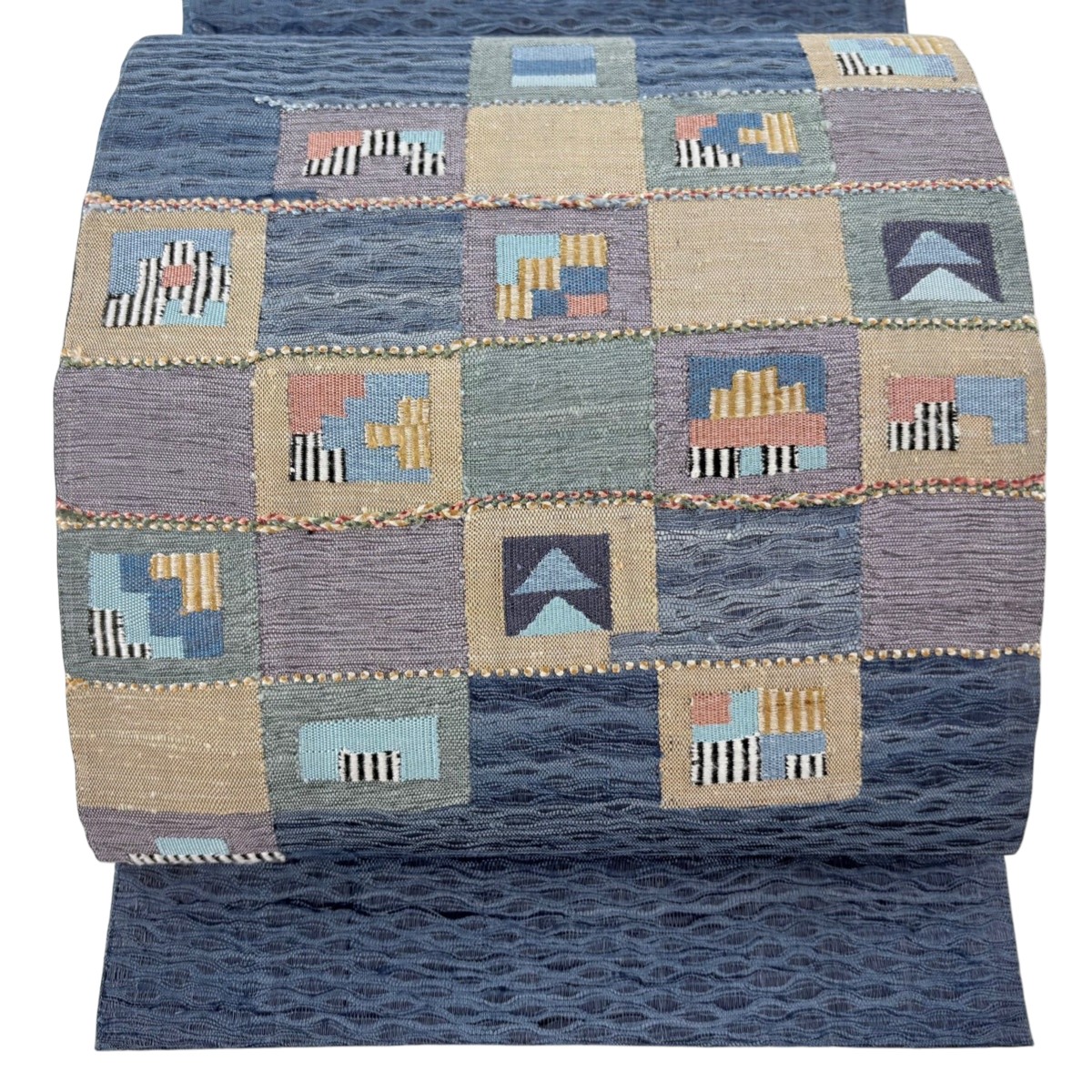 【美品】 袋帯 秀品 幾何学模様 縞 金糸 紺色 お太鼓柄 正絹 【中古】 6,512円