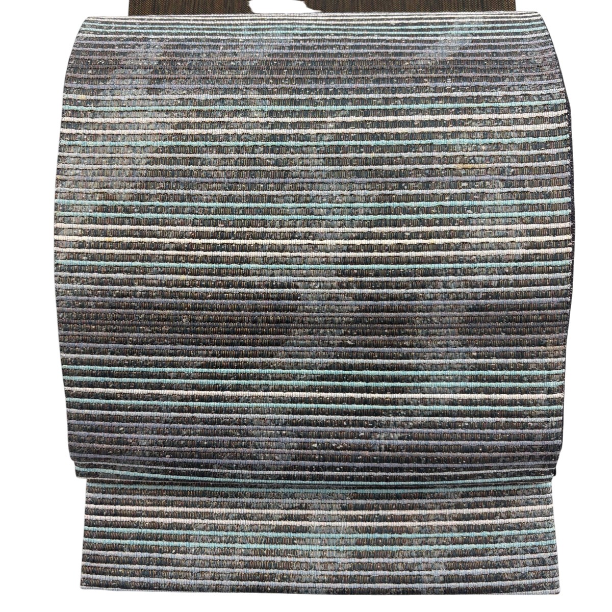 【美品】 袋帯 秀品 縞 幾何学 金糸 ラメ糸 深緑 お太鼓柄 正絹 【中古】
