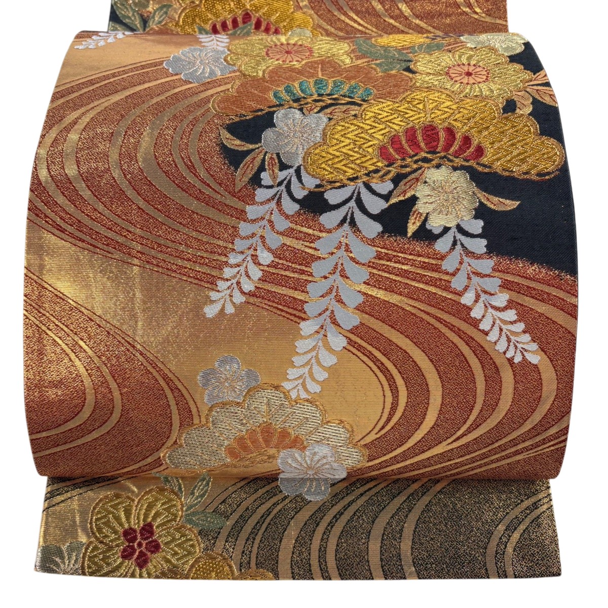 【美品】 袋帯 秀品 笠松 流水 唐織 箔 金色 六通 正絹 【中古】