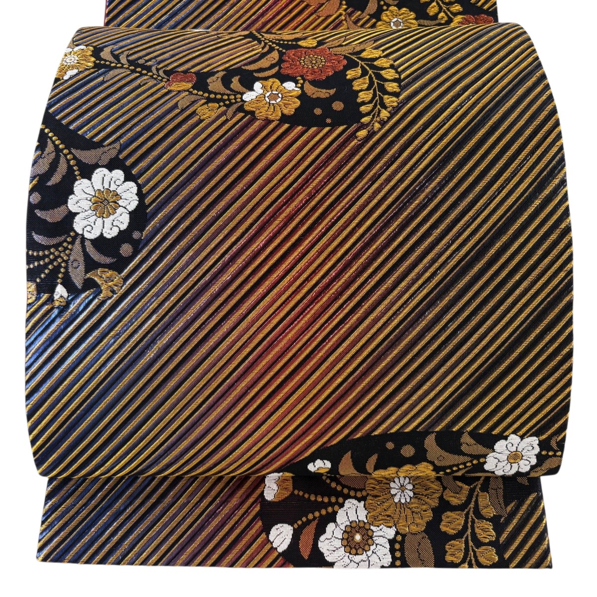 【美品】 袋帯 秀品 辻が花柄 斜縞 唐織 箔 黒 六通 正絹 【中古】