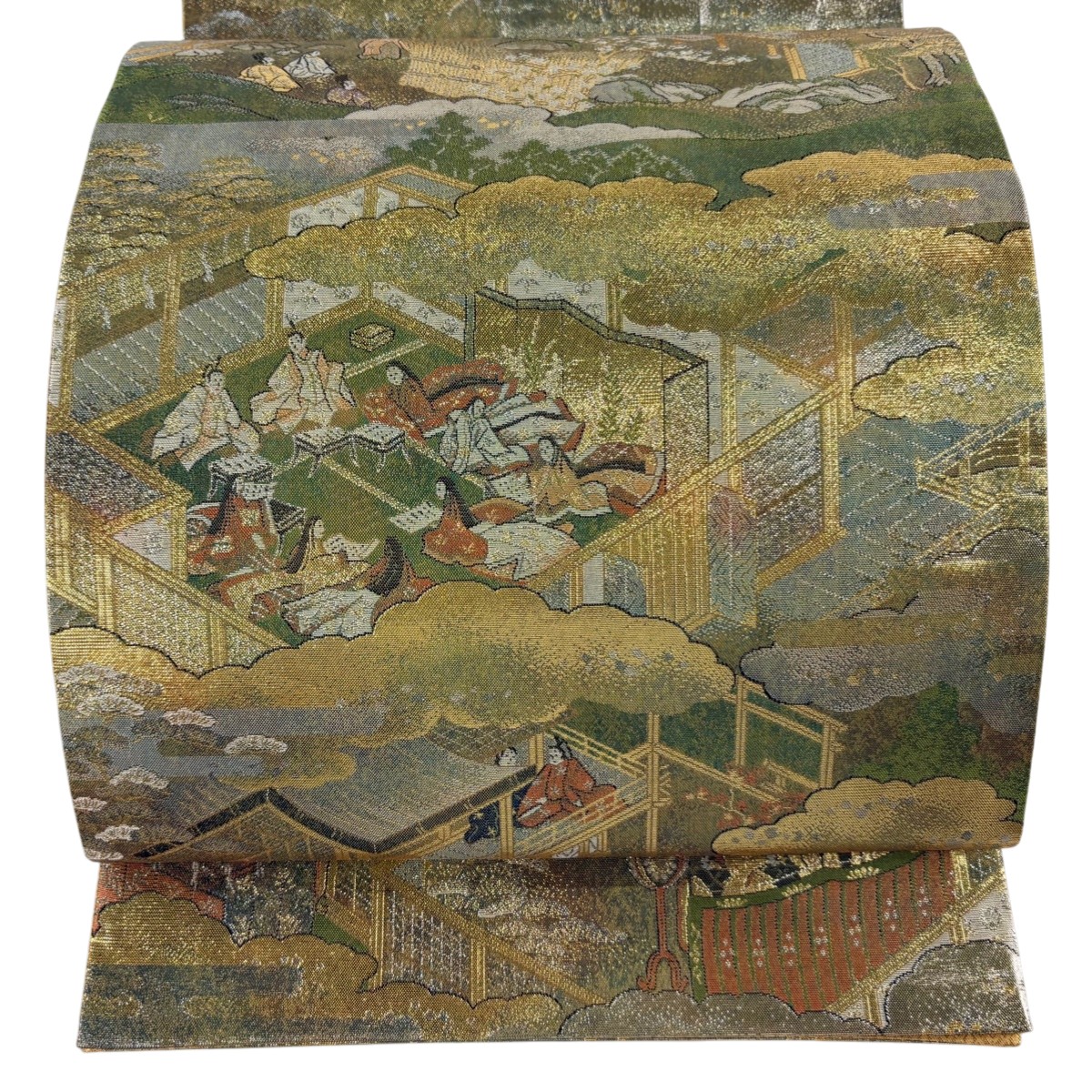 【美品】 袋帯 秀品 御所風景 人物 箔 茶緑色 六通 正絹 【中古】