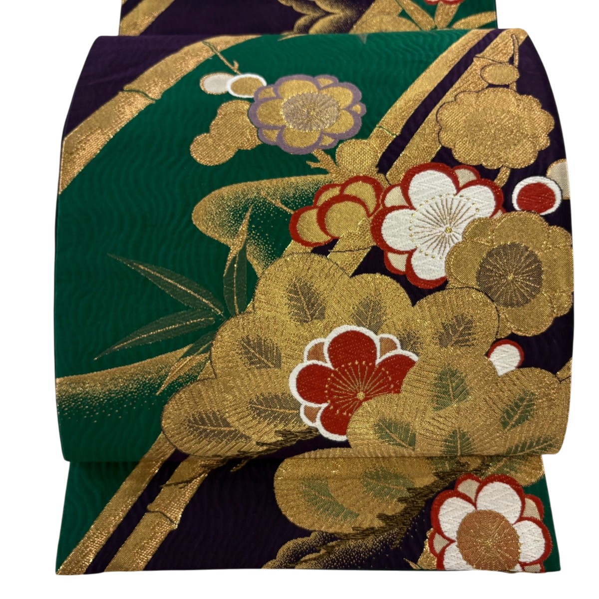 【美品】 袋帯 秀品 証紙あり 振袖向き 松竹梅 雲文 箔 金糸 濃紫 六通 正絹 【中古】