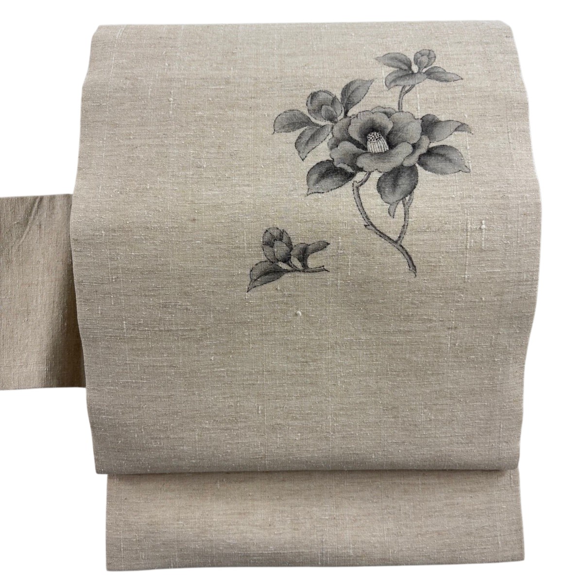 【美品】 名古屋帯 秀品 紬地 椿 ベージュ 正絹 【中古】