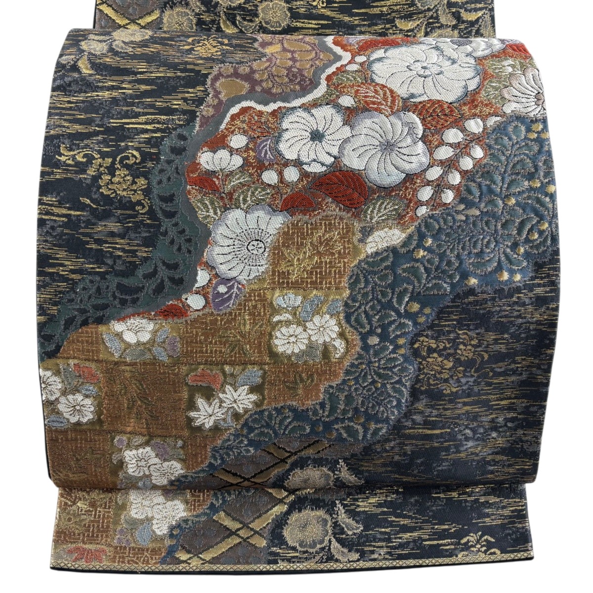 【美品】 袋帯 秀品 関西仕立て 草花 道長取り 箔 墨色 六通 正絹 【中古】