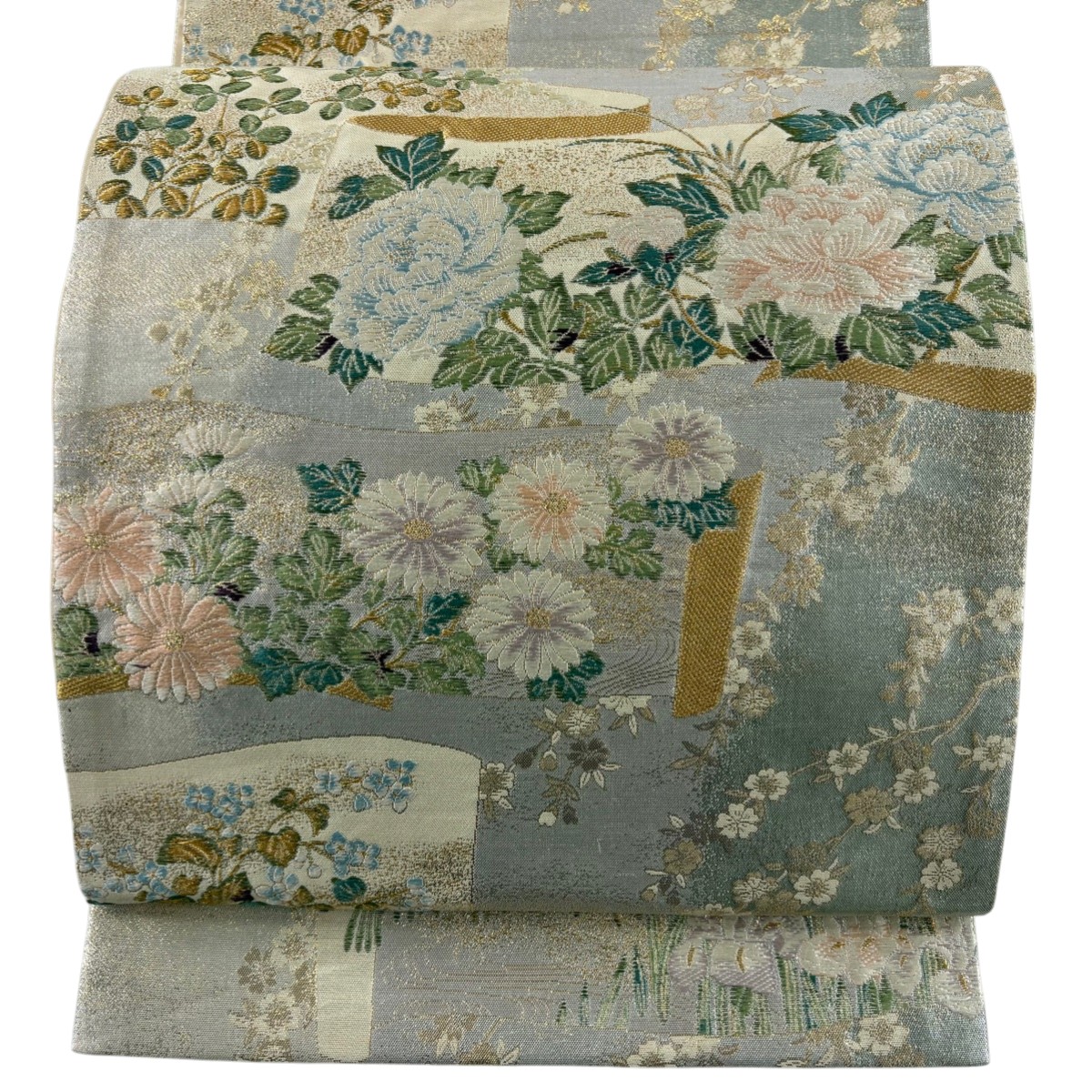 【美品】 袋帯 秀品 繚爛巻絹散し 巻物 草花 金糸 箔 クリーム 六通 正絹 【中古】