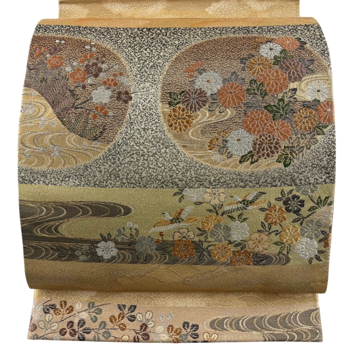 【美品】 袋帯 秀品 菊 松梅 金銀糸 箔 ベージュ 六通 正絹 【中古】